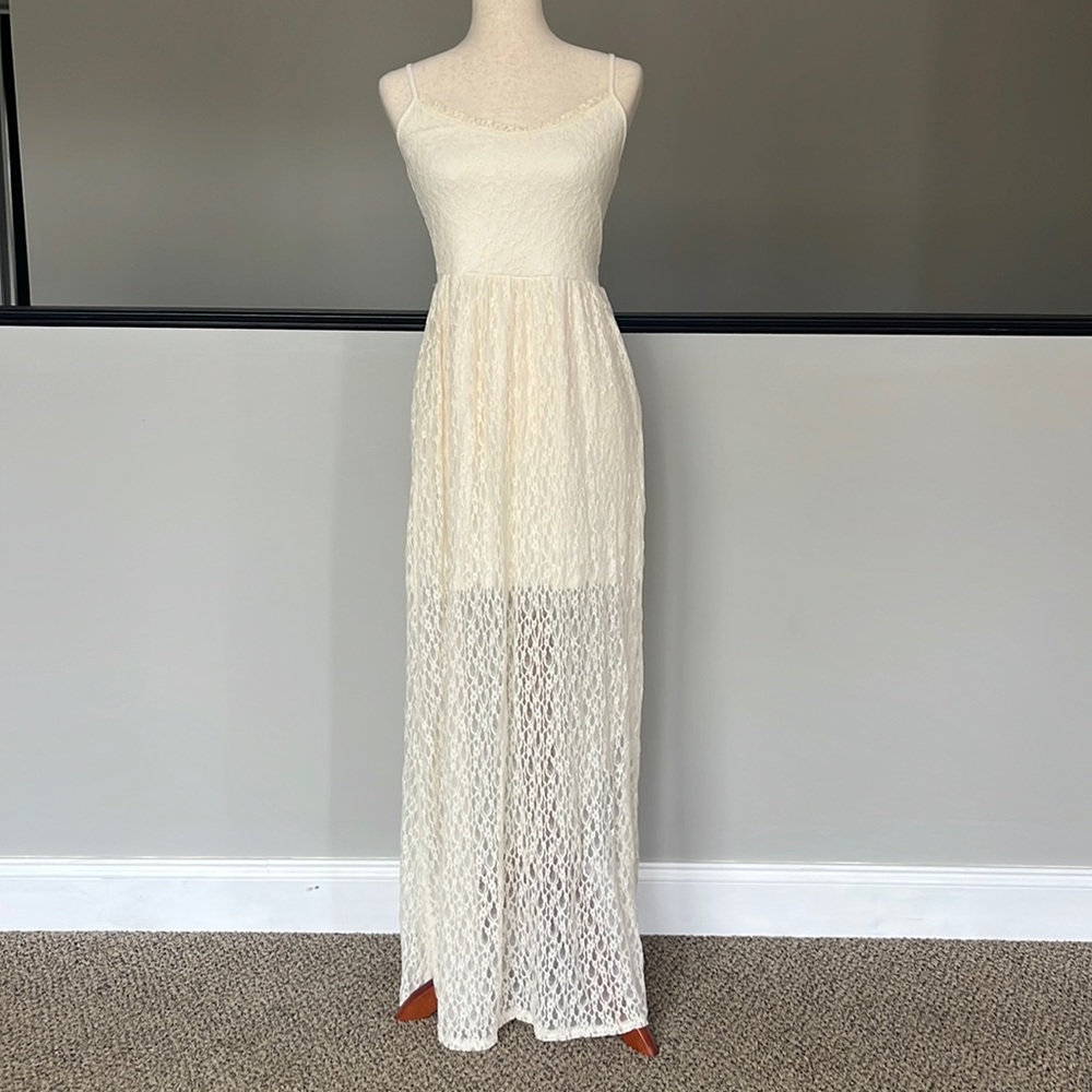 Abercrombie & Fitch Ivory Lace Crochet Maxi Dress Boho Y2K Size L